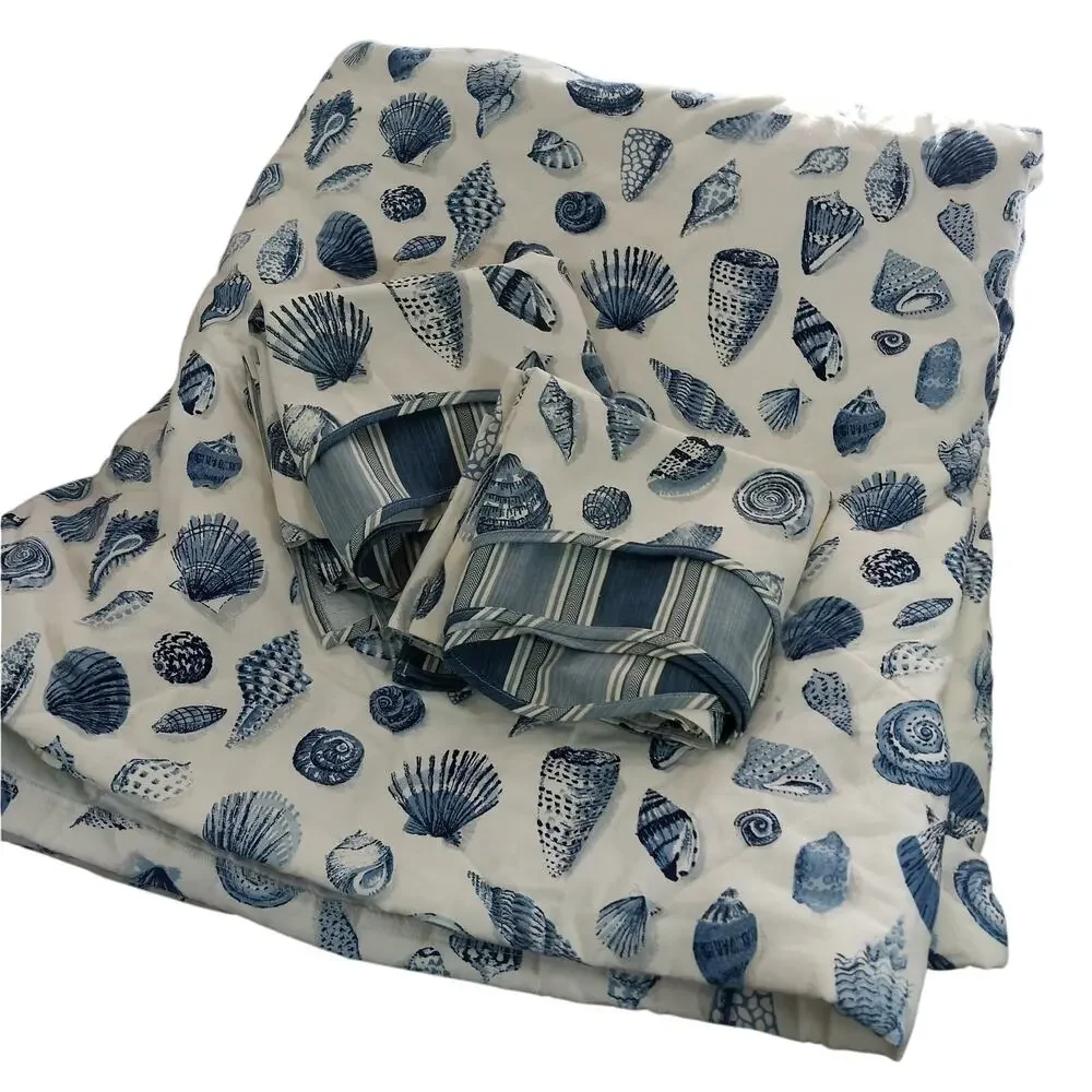 WAVERLY CLASSICS! CREAM & BLUES SEA/SHELLS PATTERN BEDSPREAD+ 2 WINDOW VALENCES!